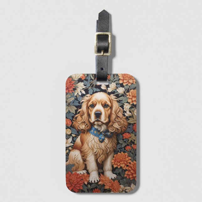 Étiquette À Bagage Cocker Spaniel William Morris Inspiré Floral (Devant Vertical)
