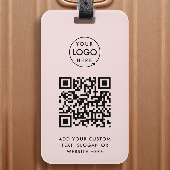 Étiquette À Bagage Code QR | Blush Pink Business Logo Professionnel (Versatile editable luggage tag template with interactive QR code & your company branding.)