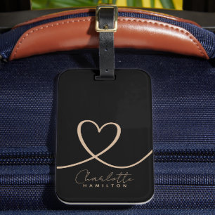Étiquette À Bagage Coeur d'amour moderne Nom personnalisé Tan noir