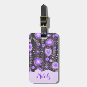 Étiquette À Bagage Coeur gris violet blanc et nom floral