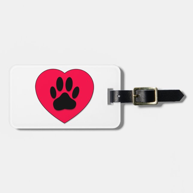 Étiquette À Bagage Coeur rouge avec Empreinte de patte de chien (Devant horizontal)