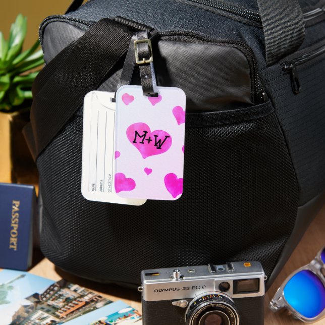 Étiquette À Bagage Coeurs d'aquarelle rose Personnalisé Nom de couple (Recto & Verso)