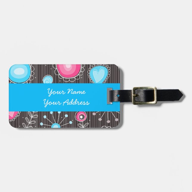 Étiquette À Bagage Coeurs et fleurs rose et bleu Whimsical (Devant horizontal)