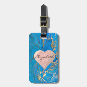 Étiquette À Bagage Coeurs Fille Chic, Marbre Or Bleu - Personnalisé