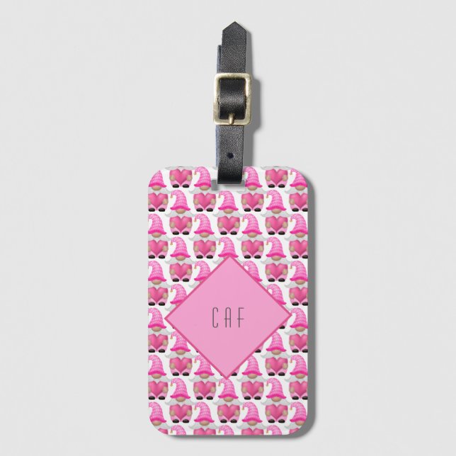 Étiquette À Bagage Coeurs Gnomes roses Monogramme Bois mou (Devant Vertical)
