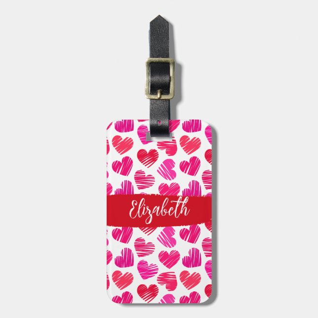Étiquette À Bagage Coeurs griffés rouges et roses modernes Valentine  (Devant Vertical)