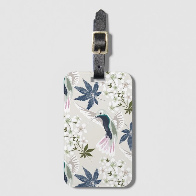Étiquette À Bagage Colibris et fleurs blanches. (Devant Vertical)