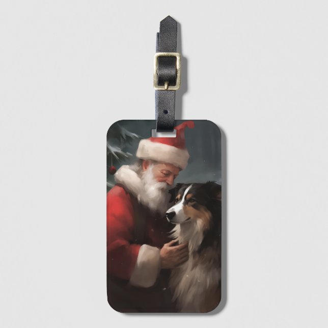 Étiquette À Bagage Collie frontalier avec Noël Festif du Père Noël (Devant Vertical)