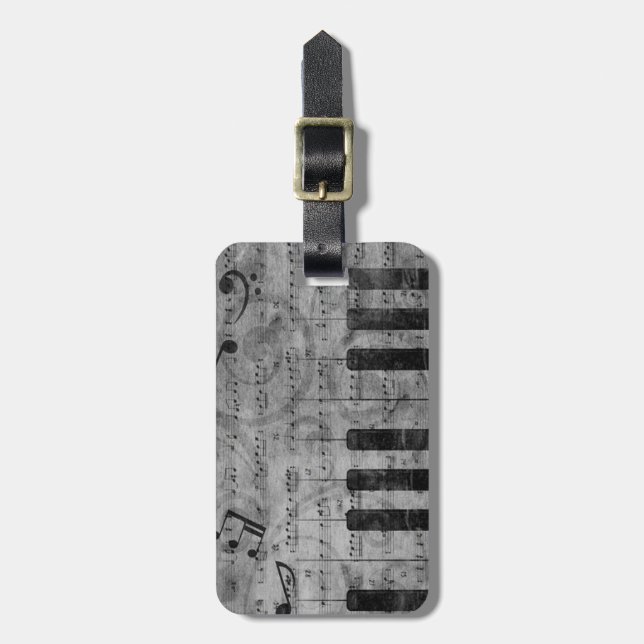 Étiquette À Bagage Cool antique grunge, effet piano notes musicales (Devant Vertical)