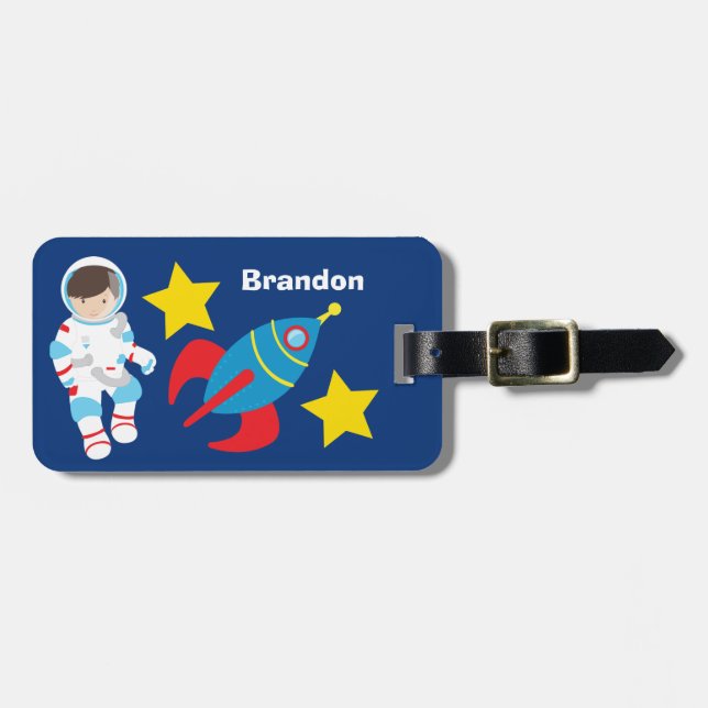 Étiquette À Bagage Cool Astronaut Rocket Ship Kids Blue (Devant horizontal)