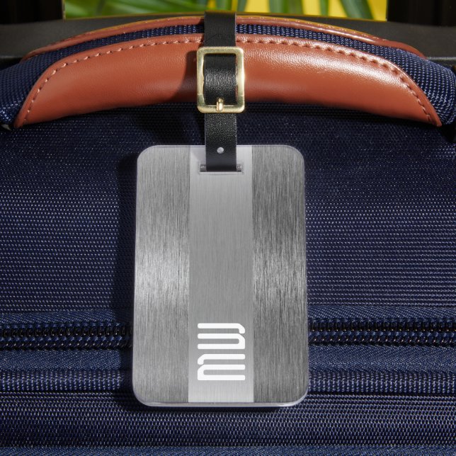 Étiquette À Bagage Cool Gris Faux Métal Gris Gras Gras Monogramme (Insitu Rectoal 2)