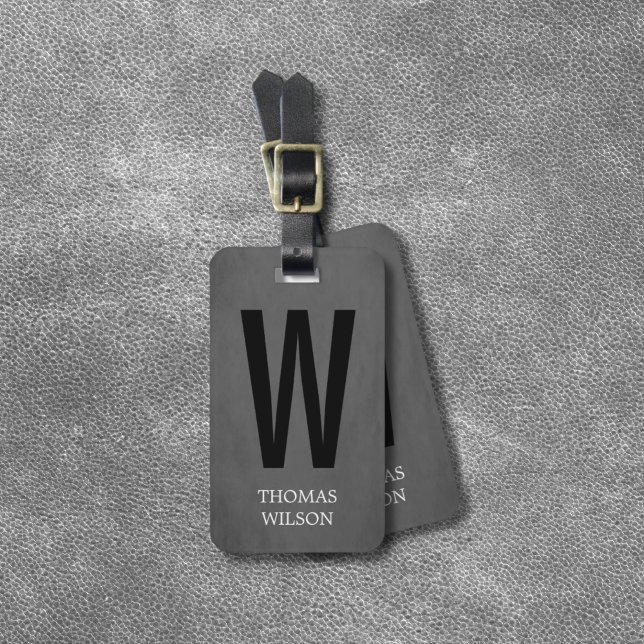 Étiquette À Bagage Cool Gris noir Gras monogramme (Créateur téléchargé)