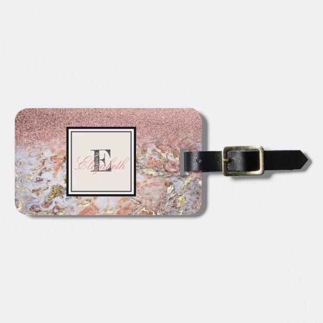 Étiquette À Bagage Cool Marbre Ombre Parties scintillant Monogramme P (Devant horizontal)