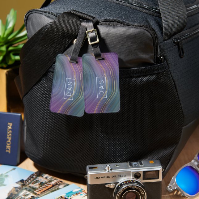 Étiquette À Bagage Cool Strata | Monogramme d'Agate Or Violet Bleu (Recto & Verso)