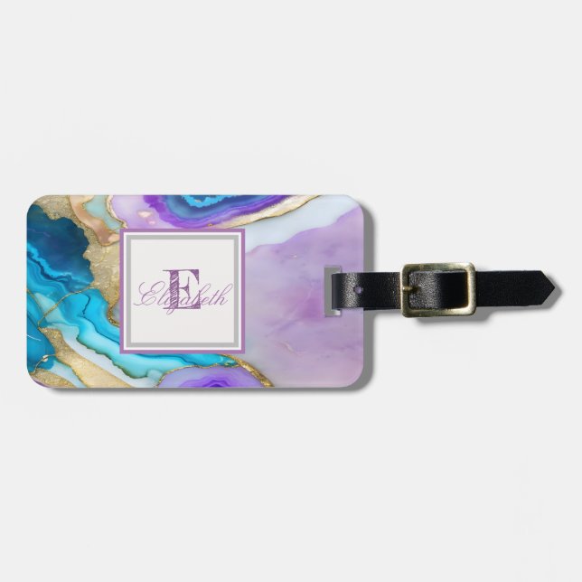 Étiquette À Bagage Cool Violet bleu Marbre Texture, Monogramme (Devant horizontal)