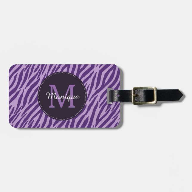 Étiquette À Bagage Copie pourpre élégante de zèbre avec le monogramme (Devant horizontal)