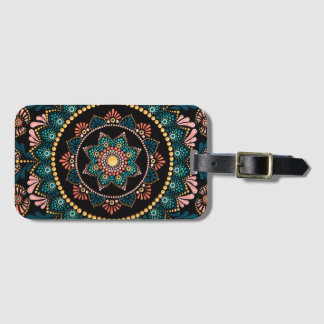 Étiquette À Bagage Coral bleu Mandala, Géométrie Sacrée Boho Ethnique