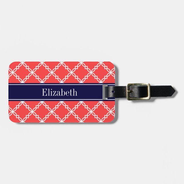 Étiquette À Bagage Coral Red Fancy Quatrefoil Navy (Devant horizontal)