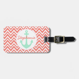 Étiquette À Bagage Coral rose et blanc Chevron avec Mint Nautical