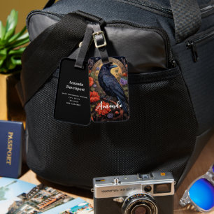 Étiquette À Bagage Corbeau noir avec fleurs Design gothique