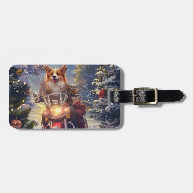 Étiquette À Bagage Corgi Chien équitation Moto Noël (Devant horizontal)