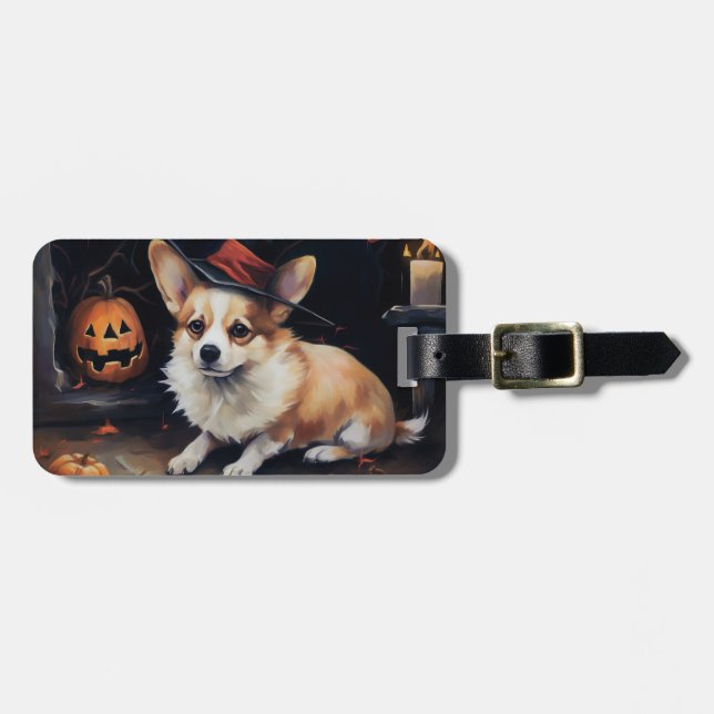 Étiquette À Bagage Corgi Citrouille Halloween effroi (Devant horizontal)