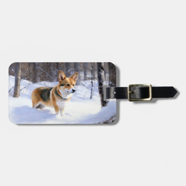 Étiquette À Bagage Corgi laisse neiger Noël (Devant horizontal)