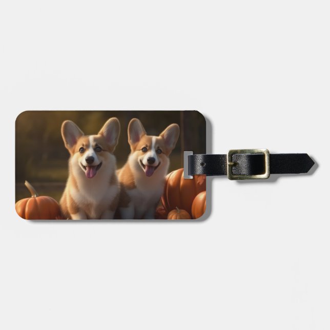 Étiquette À Bagage Corgi Puppy Automne Citrouille de plaisir (Devant horizontal)