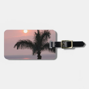 Étiquette À Bagage Coucher de soleil rose tropicale et palme