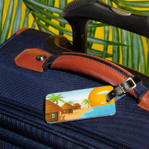 Étiquette À Bagage Coucher de soleil tropical avec des huttes de chau