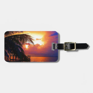 Étiquette À Bagage Coucher du soleil tropical et palmier