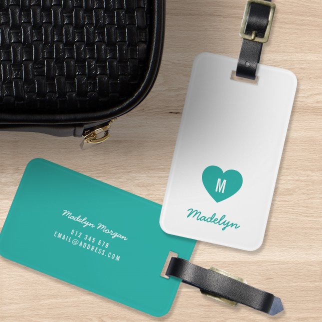 Étiquette À Bagage Couleur personnalisée Monogramme Coeur Script mode (Créateur téléchargé)