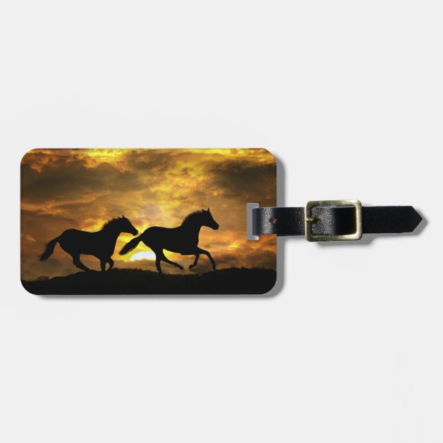 Étiquette À Bagage Courir des chevaux au coucher du soleil (Devant horizontal)