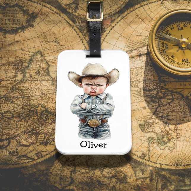 Étiquette À Bagage Cowboy Grumpy personnalisé en tenue Denim (Créateur téléchargé)