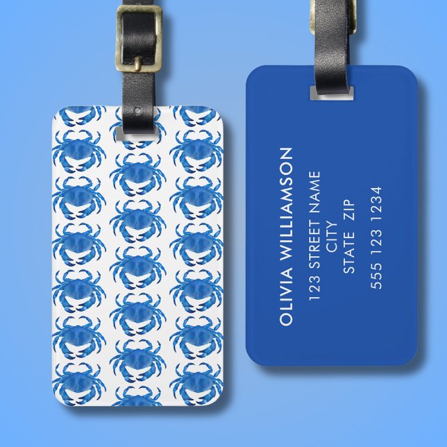 Étiquette À Bagage Crabe Bleu Bord de mer Océan motif personnalisé (Blue crab luggage tag.  From artists original illustration.  Add your own address details to rear.)
