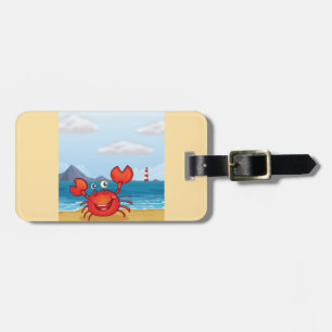 Étiquette À Bagage Crabe heureux sur la plage avec un phare