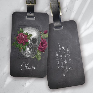 Étiquette À Bagage Crâne gothique noir Roses floraux