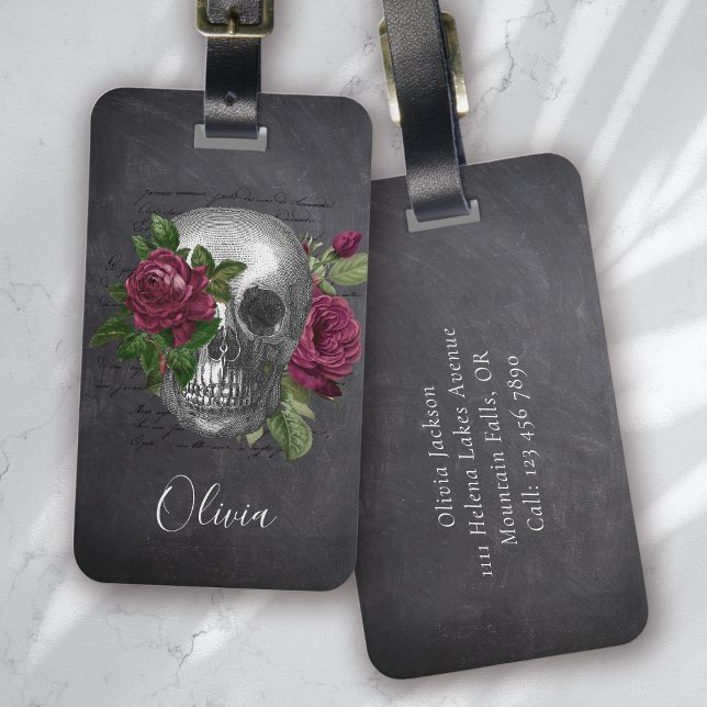 Étiquette À Bagage Crâne gothique noir Roses floraux (Créateur téléchargé)