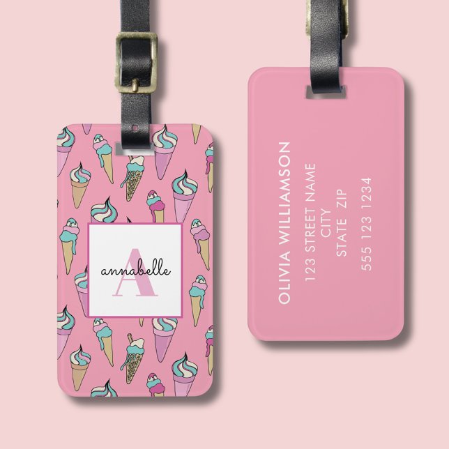 Étiquette À Bagage Crème de glace rose Cone été (Girls pink luggage tag with ice cream design.  Customise with you own name and details.)