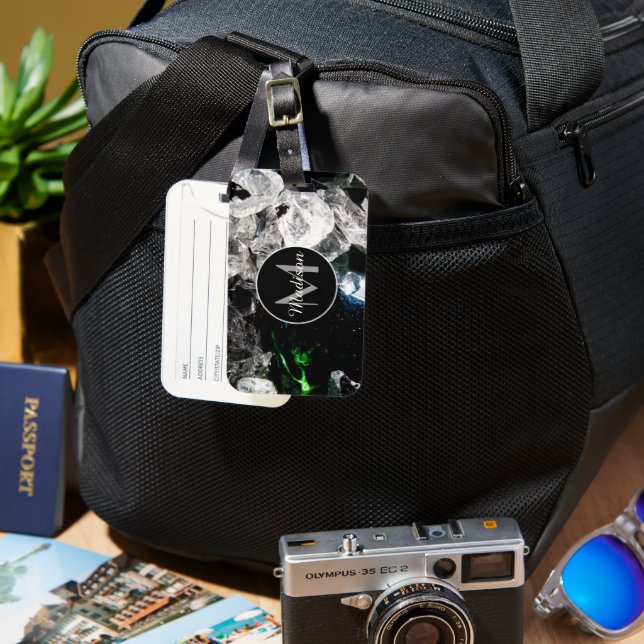 Étiquette À Bagage Cristaux blancs dans l'espace noir Monogramme (Recto & Verso)