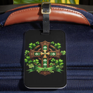 ÉTIQUETTE À BAGAGE CROIX CELTIQUE IRLANDAISE VERTE & OR ET RIBBBONS