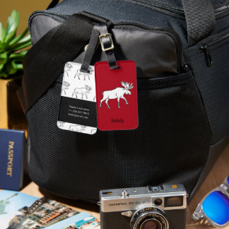 Étiquette À Bagage Croquis d'orignal avec Arrière - plan rouge