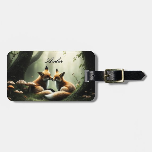 Étiquette À Bagage Cuddle Fox dans Misty Forest Personnalisé (Devant horizontal)