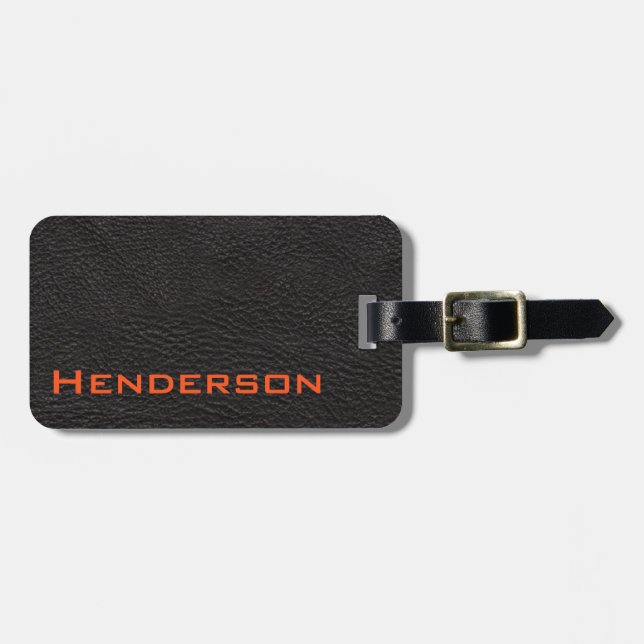 Étiquette À Bagage Cuir noir avec le texte orange (Devant horizontal)