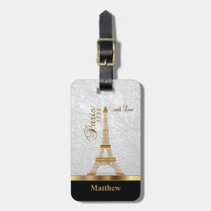 Étiquette À Bagage Cuir synthétique blanc avec accent doré Paris
