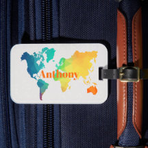 Custom Colorful World Map Monogram Name Luggage  