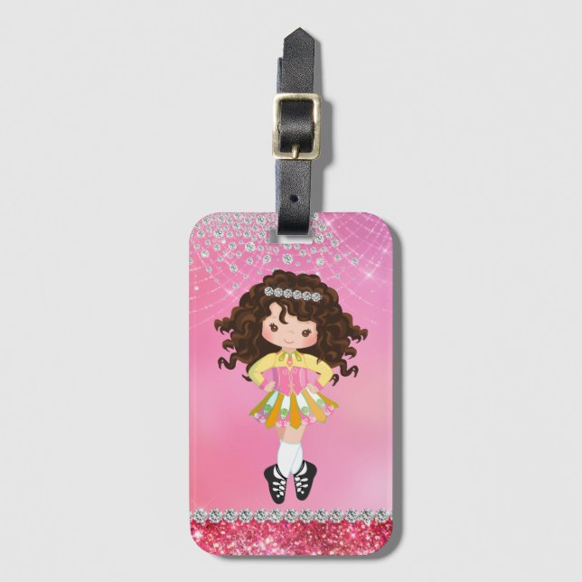 Étiquette À Bagage Custom Pink Glam Irish Dance Brunette (Devant Vertical)