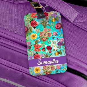 Étiquette À Bagage Cute aqua vert élégant motif floral