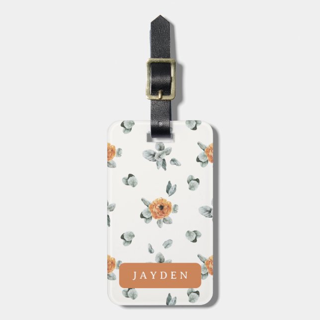 Étiquette À Bagage Cute Boho Terracotta Floral Green Nom personnalisé (Devant Vertical)