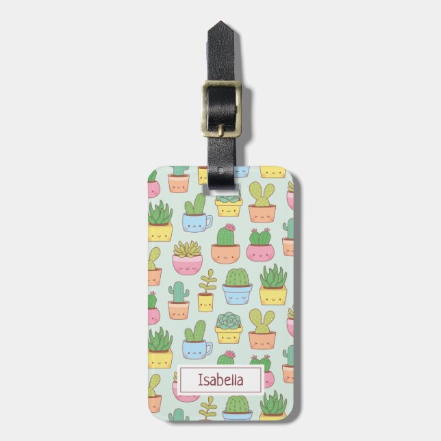 Étiquette À Bagage Cute Cacti Succulents Plantes Motif personnalisé (Devant Vertical)